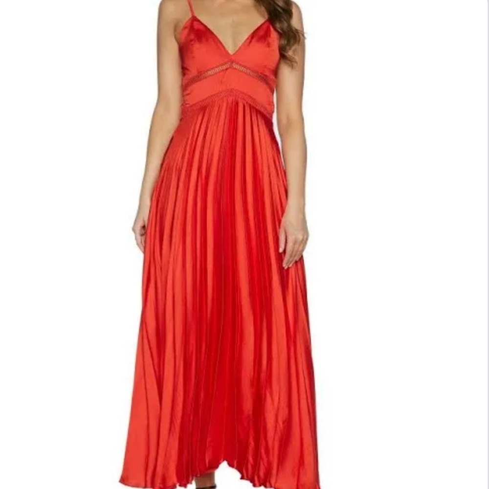 Red Bardot pleated maxi dress